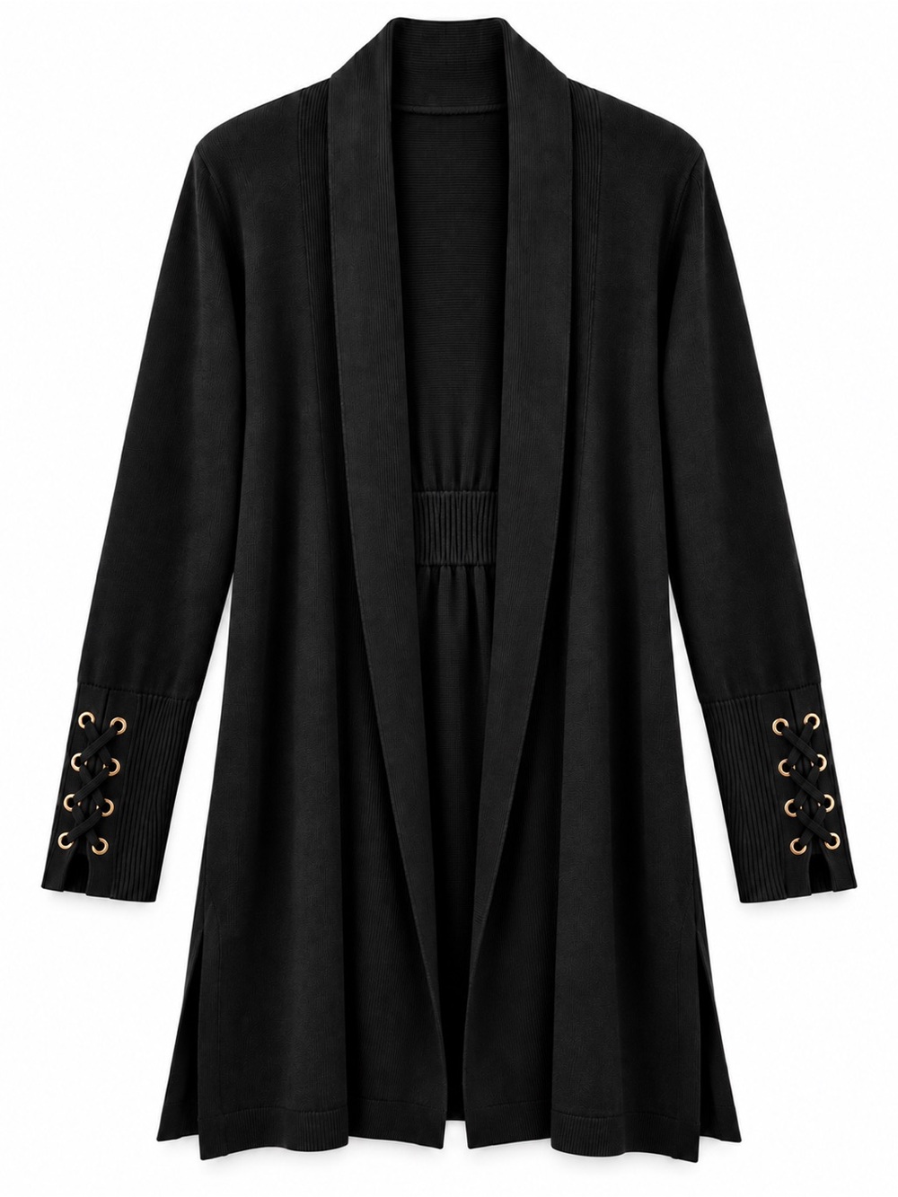 Tahari Black Long Open Front Cardigan Lace Up Grommet Cuffs Women’s L
